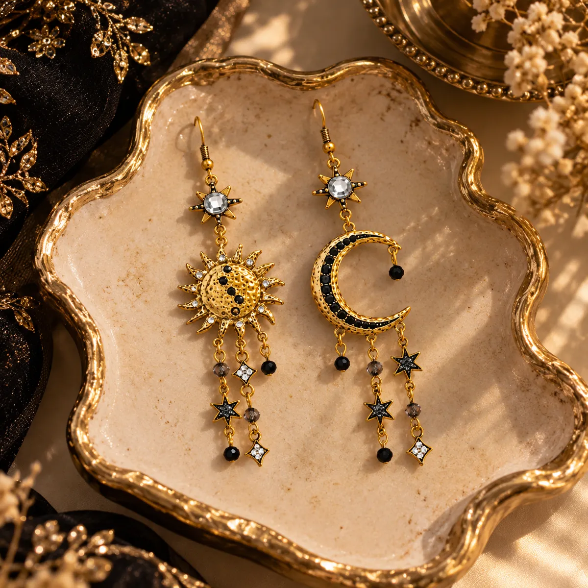 Cosmic Muse Sun Moon Tassel Earrings